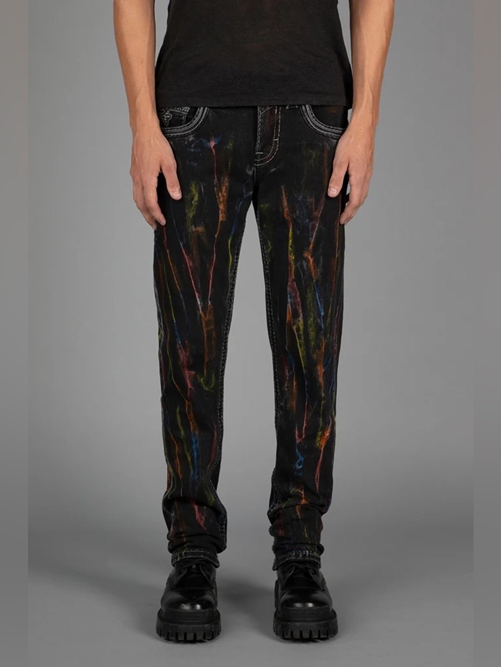 Rock Revival Lunar Rock Alt Straight Men’s Black Jeans with Multicolor Streaks - Picture 3 of 16